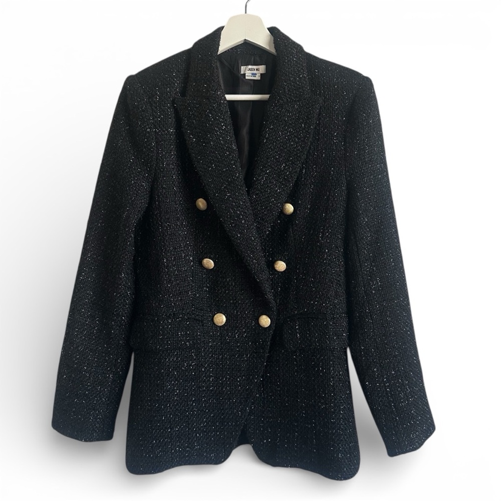 JASON WU Blazer Jacket Coat Black Tweed Gold Buttons Small Old Money